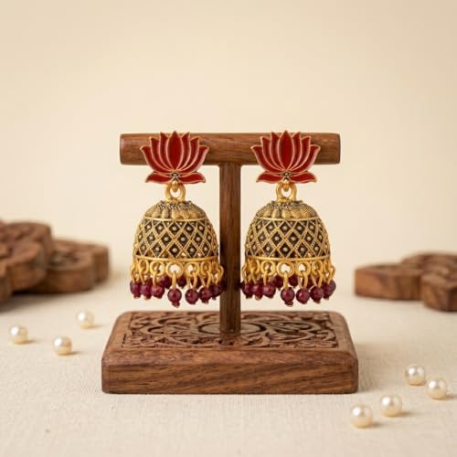 Image of OnlyKing Traditional Lotus Meenakari Jhumka Earrings for Women & Girls | Gold Color Oxidised Ethnic Floral Jhumki | Temple South Indian Style Ear rings Set | Stylish Trending Big Colorful Jhumkas (Available in 12 Colors)