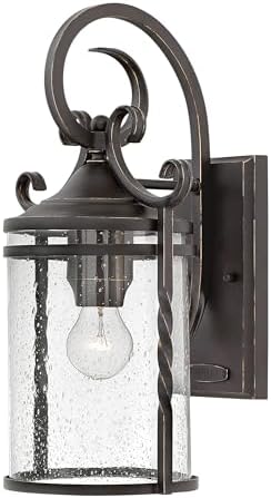 Hinkley Casa Medium Wall Mount Outdoor Lantern, Wrought Iron Details, Hand Forged Scrolling, Clear Seedy Glass, Aluminum, Olde Black Finish