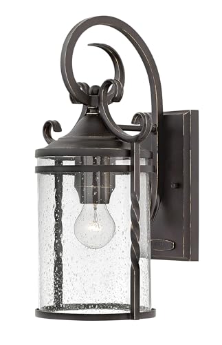 Hinkley Casa Medium Wall Mount Outdoor Lantern, Wrought Iron Details, Hand Forged Scrolling, Clear Seedy Glass, Aluminum, Olde Black Finish