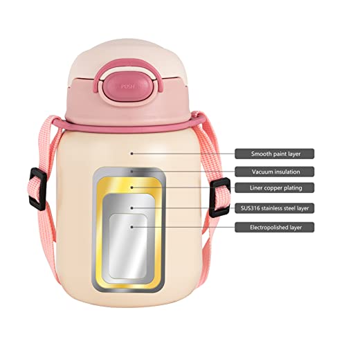 Diller Insulated Water Bottle With Straw, 14 Oz Travel Coffee Mug With Straps Mini Stainless Steel Water Bottles With Straw For Kids And Women Keep 12H Piping Hot & 24H Cold (Pink, 14 Oz) #TOP1
