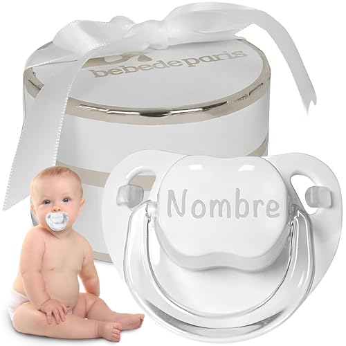 Imagen de Chupete Personalizado 0 a 6 Meses con Nombre Regalo Bebe Recien Nacido Niño Niña Tetina de Silicona Sin BPA Suave Cómodo y Seguro Presentado en Caja Regalo de Lujo  BebeDeParis