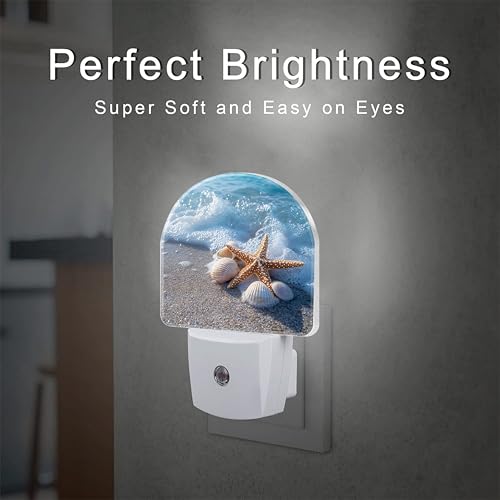 Image of Starfish and Seashells on Beach Night Light for Kids,Summer Beach Ocean Waves Plug in Night Light with Dusk to Dawn Sensor, 0.5w Energy Saving Nightlight for Hallway Stairway Kitchen Bedroom