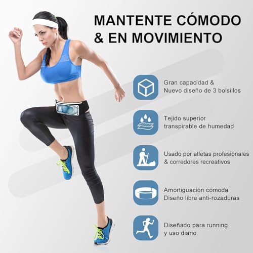 Riñonera Running Cinturón para Correr Hombre Mujer - Cinturon Running Deportiva con 3 Bolsillos con Pantalla táctil Ajustable Riñonera Deportiva/Porta Movil Running hasta 6,9" - imagen 2