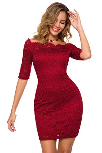Image of Atnlewhi Womens Vintage Lace Floral Off Shoulder Elegant Swing Dresses A-line Mini Dress for Party Cocktail Wedding