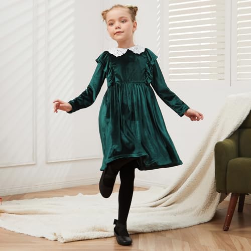 QPANCY Girls Velvet Dress Ruffle Trim Long Sleeve Midi Guipure Lace Collar Party Dresses2