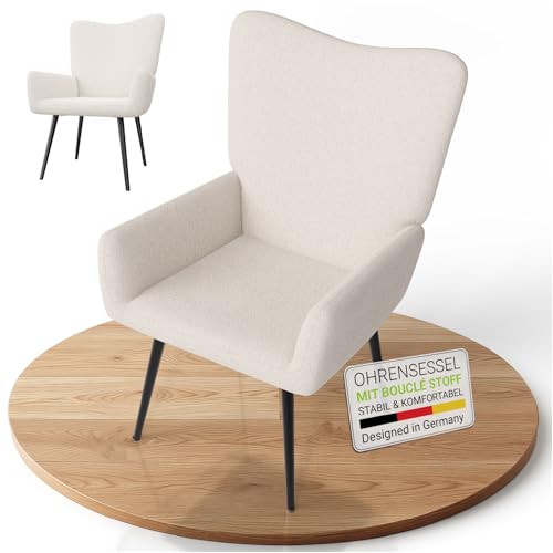 Juskys Ohrensessel Odense ohne Hocker, Relaxsessel mit Bouclé-Stoff, skandinavischer Stil, hoher Rücken & gepolstert, Stahlgestell – Beige