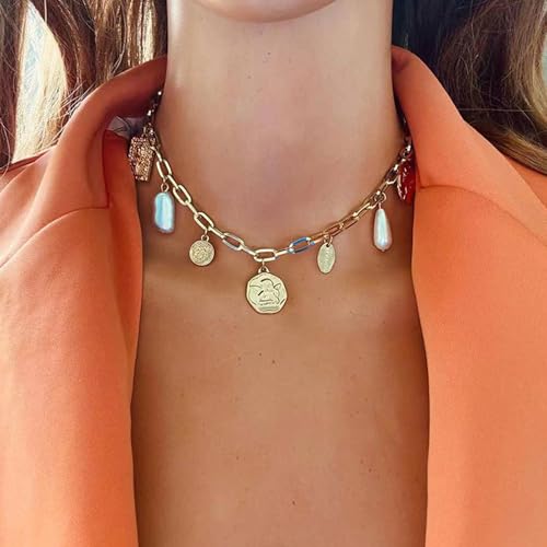 Gold Charm Necklace for Women White Pearl Choker Necklace Head Portrait Square Pendant Necklace Boho Charm Necklace Beach Necklace Jewelry for Women3