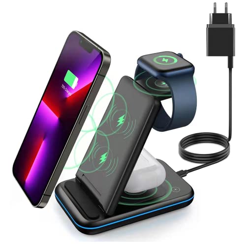 SCCVEE 3 in 1 Faltbare kabelloses Ladegerät, 18W Induktive Wireless Charger kompatibel mit iPhone 12/13/11/Pro/Pro max/XR/XS/X/8/8 Plus, Apple iWatch SE/7/6/5/4/3/2, AirPods Pro/2/3 mit QC3.0 Adapter Cover