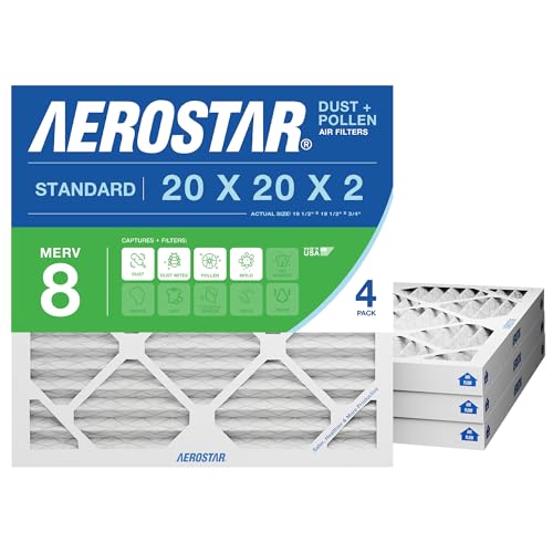 Aerostar 20x20x2 MERV 8 Air Filter, 4 Count, ACTUAL SIZE (19.50 x 19.50 x 1.75), HVAC, Air Conditioning & Furnace Filter Captures Dust, Lint & Pollen (MPR 600 / FPR 5), Made in USA
