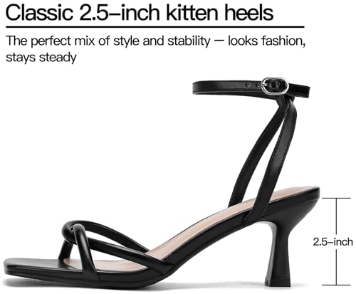 Wide Width Women's Sandals Black Strappy Heels for Women Square Open Toe Kitten Heels Ankle Strap Sandals Comfortable Dressy Party Wedding Shoes, Size 102