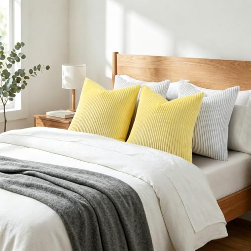 Image of Mecatny Corduroy Decorative Throw Pillow Covers 26x26 Set of 2 for Sofa Living Room, Soft Neutral Boho Couch Pillow Covers for Home Decor, Sundress Yellow