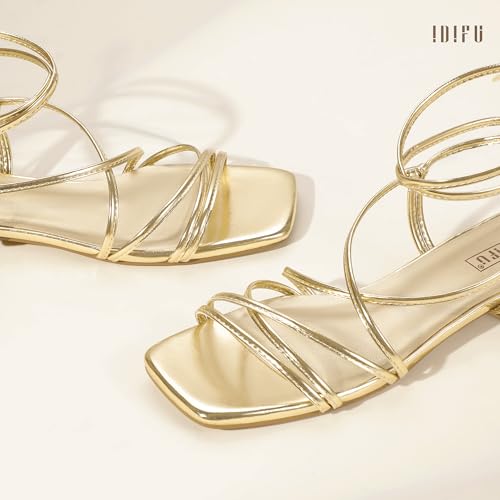Image of IDIFU Strappy Lace Up Flat Sandals for Women Tie Up Square Open Toe Ankle Wrap Straps Dressy Gladiator Summer Beach Wedding Party Ladies Comfortable Cute Casual Dress Sandals