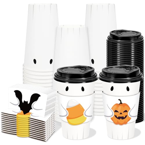 Whaline 60 Set Halloween Disposable Coffee Cups with Lids and Bat Candy Cone Pumpkin Sleeves 16 Oz Ghost Paper To Go Cups for Trick or Treat Party Supplies