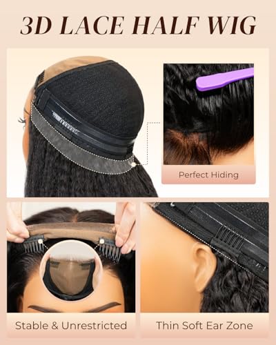 Image of Arabella 3 In 1 Half Wig Kinky Straight Upgraded Glueless Wigs HD Lace Human Hair Yaki Straight Invisible Hairline 210% Density 12A Wear & Go 3D Cap Seamless Drawstring Beginner Friendly 20 Inch