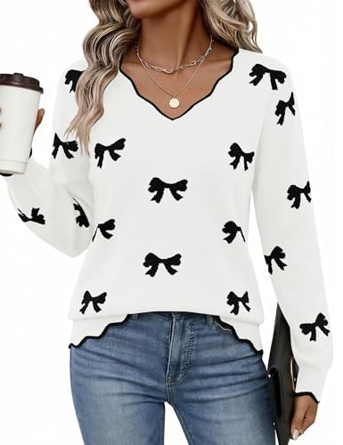 LaGracia Womens Fall V Neck Sweater 2026 Lightweight Casual Long Sleeve Ribbed Knit Pullover Sweaters Dressy Fall Outfits White-Bow XL