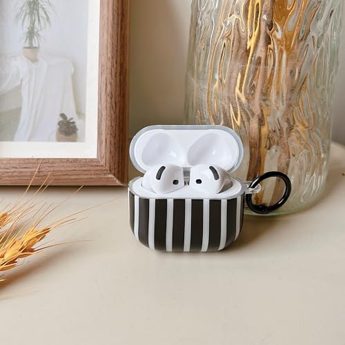 Image of MINSCOSE for AirPods 4 Case,Cute Striped Aesthetic Pattern Design with Trendy Keychain Ring,Soft TPU Protective Shockproof Cover with Cleaner Kit for Girls Women for Airpods 4-Black