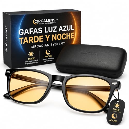 Solmoon Gafas Luz Azul Hombre y Mujer – Gafas Filtro Luz Azul para Ordenador, Pantallas, Gaming y Noche – Atardecer, Paseo Nocturno y Ritmo Circadiano – Materiales Non Toxic – Estuche Rígido Premium