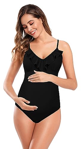 SHEKINI Maternity Einteiliger Badeanzug Damen Rüschen Bandeau Ruched...