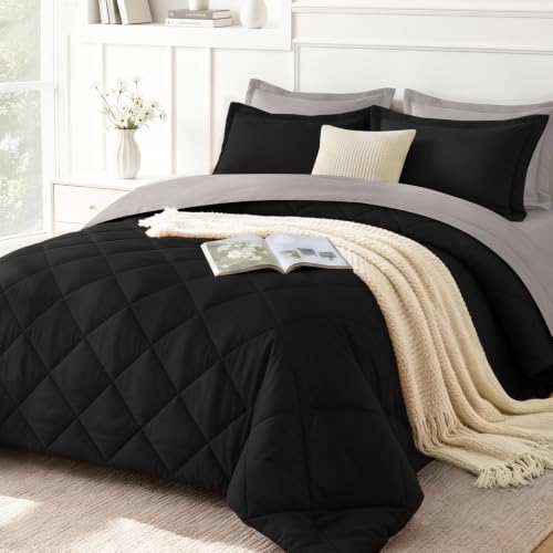 Image of downluxe 5 Pieces Twin Comforter Set with Sheets, Reversible Bed in a Bag for All Seasons with Comforter, Flat Sheet, Fitted Sheet, Pillowcase and Pillow Sham, Black /Grey