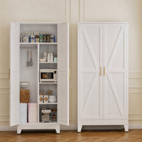 Image of 71 inch Metal Storage Cabinet, Tall Utility Closet Cabinet with Hanging Rod, Farmhouse Metal Broom Closet for Laundry Room Garage, Steel Wardrobe Cabinets for Bedroom