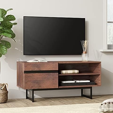 WAMPAT TV-Schrank mit 2 Regalen, TV lowboard mit 1 einzigartig versteckte Tür und 2 Kabellöcher, Mordern Stahlbeine Fernsehtisch Lowboard für Wohnzimmer,107x40x51,4cm Cover