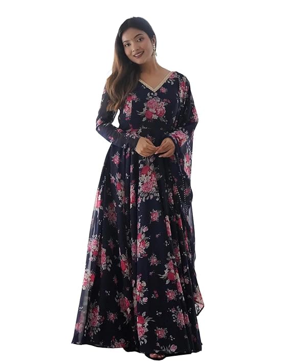 Fashion Basket Women's Georgette Anarkali Kurta Set With Duptta For Women (In, Alpha, Xl, Regular, Blue)