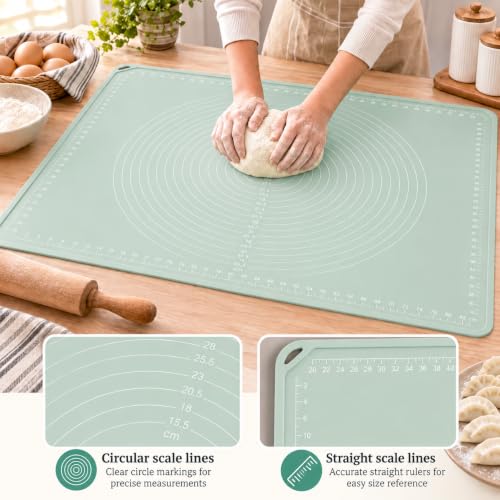 Image of Purebake Extra Thick Silicone Baking Mat 50x40 cm - Non Stick Silicone Mat for Kitchen, Roti & Chapati Making | Pastry Kneading Mat for Dough, Cookies, Pizza | Heat Resistant BPA Free (Sage Green)