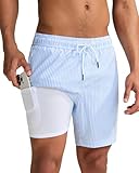 maamgic 2 in 1 Mens Swim Trunks 7 Inch Swim Shorts Swim Suits Board Shorts Blue Stripe-White X-Large