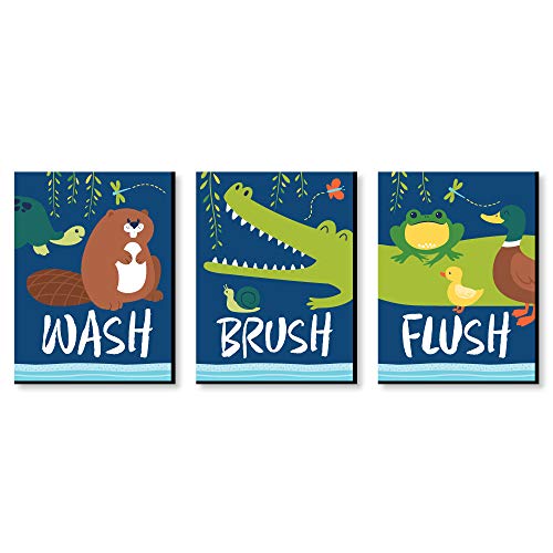 Big Dot of Happiness Pond Pals - Frog, Alligator, Turtle, Beaver and Duck Kids Bathroom Rules Wall Art - 7.5 x 10 inches - Set of 3 Signs - Wash, Brush, Flush