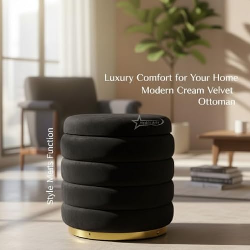 Image of Round Velvet Single-Strip Office Stool Foot Rest Stool, Linen Fabric Padded Seat Pouf Ottoman, 15 X 15 X 19 inch, Round Shape for Living Room, Office, etc. Black