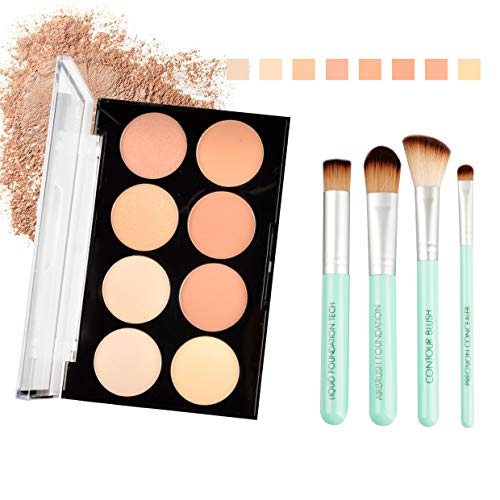 Ins Lady Makeup Brush Sets & Kits with Face Powder, Highlight, Contour, Concealer Powder, 4 Brushes Green, 8 Colors Face Powder Palette