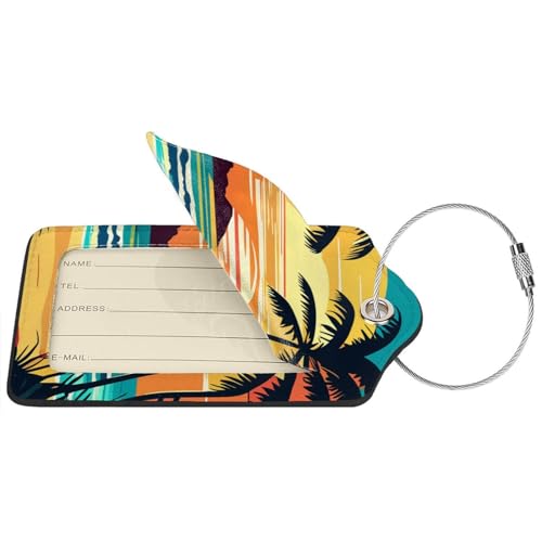 2 Pcs Palm Trees with Sunset Luggage Tag for Suitcase, Identifiers Privacy Cover ID Label with Steel Loop, Summer Beach Luggage Tag, Travel Vacation Gift3