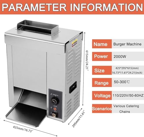 Commercial Burger Buns Toaster, 2000W Vertical Bun Toaster,with 50-300°C Wide Temperature Range, for Toast & Croissant