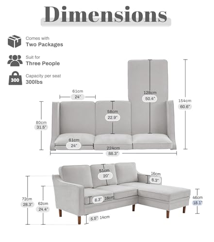 Image of Kingfun 88 inch L-Shape Sofa, Chenille Sectional Couch, Mid Century Modern Couches with Solid Wood Frame for Living Room Bedroom