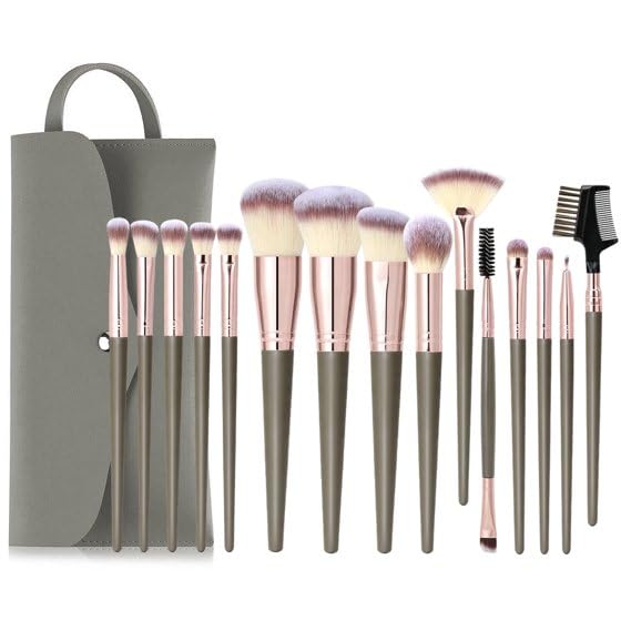 15pc Makeup Brush Set with PU Leather Pouch, Champagne Gold