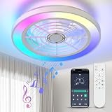 Acesal 19 Inch RGB Ceiling Fan With Led Lights: Low Profile Smart Ceiling Fans With Remote App Control Flush Mount Ceiling Fan With Bluetooth Speaker Dimmable Color Changing For Bedroom