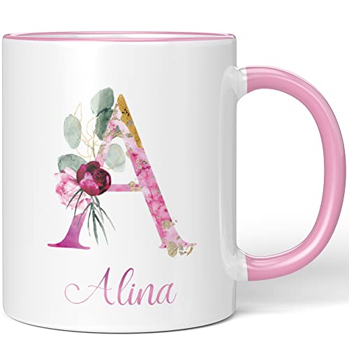 JUNIWORDS Tasse, Alina, Name Anfangsbuchstabe Initial Alphabet Floral Buchstabe A Monogramm Motiv, Rosa (5492926)