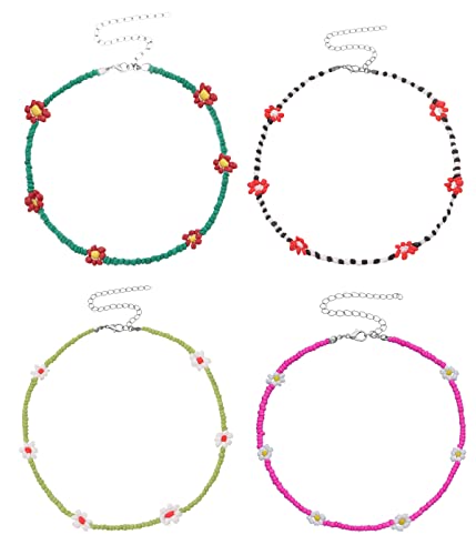 4er-Pack Bunte Perlenketten, Boho-Strandketten, Verstellbare Handgefertigte Blumenketten, Perlenketten-Set, ArmbäNder FüR Frauen, MäDchen, Geeignet FüR Verabredungen, Strandpartys Und Rave-AnläSse Cover