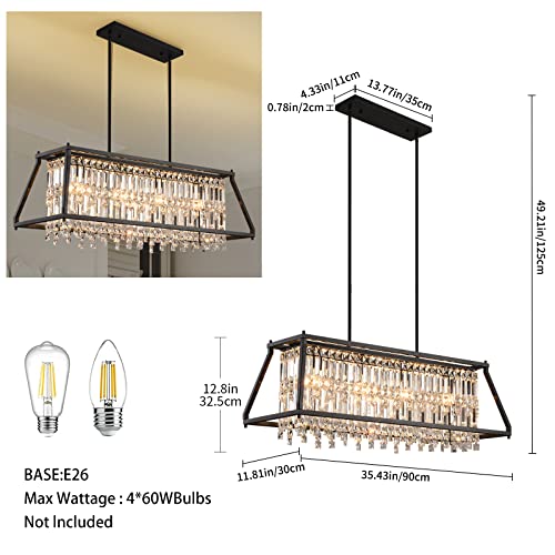 Image of LMQNINE Chandeliers for Dining Room, 4-Light Trapezoidal Industrial Dining Room Light Fixture Farmhouse Chandelier Crystal Pendant Lights Kitchen Island Living Room (Black 35.43 inch)