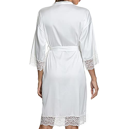 heekpek Womens Dressing Gown Satin Kimono Robe Lace Trim Bathrobe Nightgown Sexy Nightdress Nightwear Bridesmaid Robes, white, Size M - Image 7