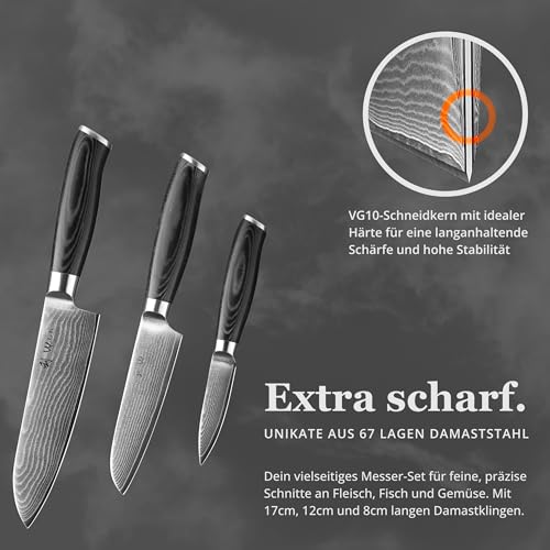 Foto von Wakoli Mikata 3-teiliges Küchenmesser Set aus echtem Damaststahl (VG10 Kern) in Geschenkbox aus Holz – mit 2x Santoku Messer & Officemesser – Scharf & ergonomisch – Damastmesser Set mit Mikatagriffen