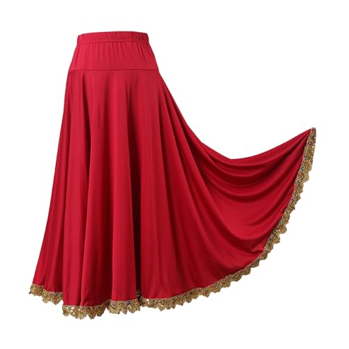 Rswnyirn Damen Bauchtanzrock Lang Flamenco Rock Maxirock High Waist mit Goldene Strickerei Saum Swing Tanzkleidung für Latin Jazz Burgundy_90cm 6XL