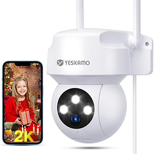 2K PTZ Security Camera Outdoor with Auto Track, YESKAMO Wireless WiFi Wired Ultra HD 3MP Pan-Tilt CCTV Camera with 360° View,Color Night Vision 2 Way Audio IP66 Waterproof, Siren for Home Surveillance