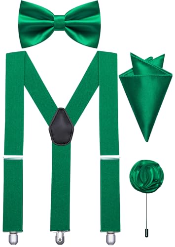 Ailisus Fliege und Hosenträger verstellbar Herren elastische Y-Rückseite Hosenträger Fliege Einstecktuch Revers Pin Set Hochzeit Smoking, grün, Einheitsgröße
