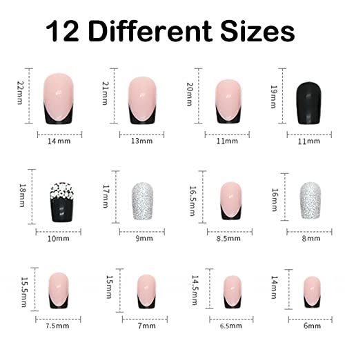 Press On Nails Middle Long Square Black Silver Glitter Diamond French Fake Nails, Acrylic Full Cover False Nails Set With Nail Gle Glue, Natural Perfectly Reusable Stick On Nails Suitable For Women Girls #TOP4