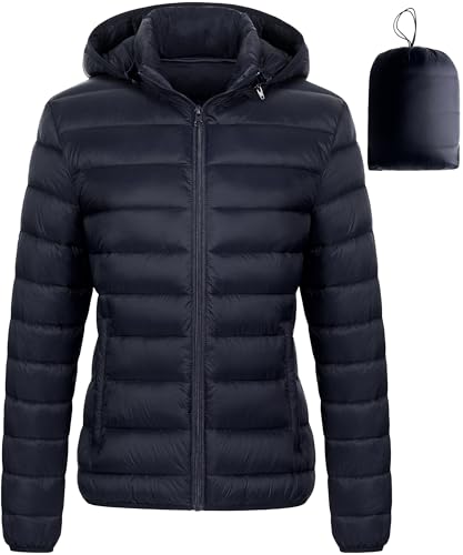 Chrisuno Women Puffer Jacket Women's Packable Hooded Ultra Light Insulated Jackets Windproof Warm Travel Short Coats Navy 2XL