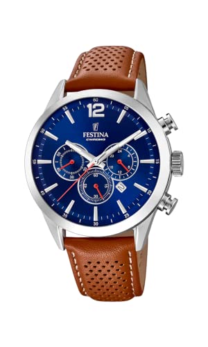 Festina Montre Homme Analogique avec Bracelet en Cuir Marron - Mouvement Quartz - Chronographe - Calendrier - Verre Minéral Haute Résistance - Étanche 5 ATM...