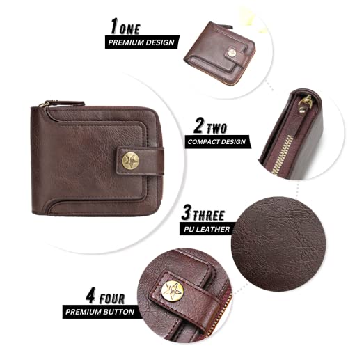 Image of INKMILAN Men's Short Purse Retro Horizontal Zipper Wallet, Soft PU Leather Trifold Stylish Zipper Coin Pocket Wallet, Multi-Function Document Bag for Birthday Gift Father, Boy Friend (Dark Brown)