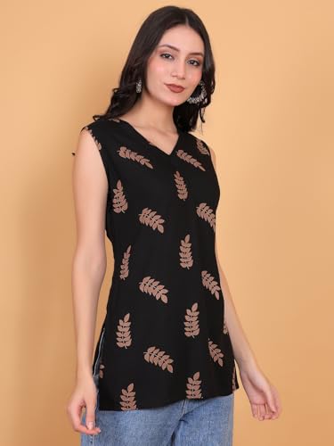 Image of FIMS - Fashion is my style Rayon Short Kurti for Women, Ethnic Printed, Black Sleeveless Kurtis, Summer Wear, Ideal Gift for Girls
