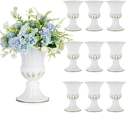 Sziqiqi White Metal Vase for Flowers - 2Pcs Small Vintage Flower Arrangement Pots for Wedding Table Centerpiece, Trumpet Planter Urn for Indoor Outdoor Garden Home Farmhouse Decoration, 23cm